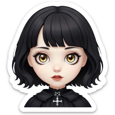 a pale white vampire doll girl with short black wavy hair and bangs with big light brown eyes wearing black gothic clothes sticker
