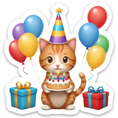 Ginger tabby kitten celebrates birthday, birthday hat, birthday cake, balloons, happy, gifts sticker