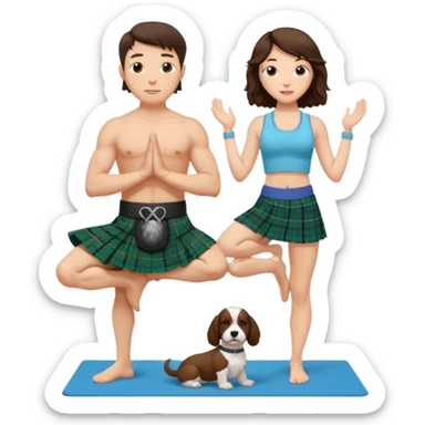 emoji of brunette man wearing kilt, brunette woman in yoga outfit and white cockapoo sticker