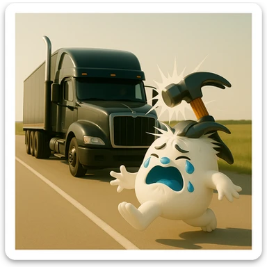 Change to a side view: show the black Kenworth W680 flat top semi truck far behind the abominable snowman, hammer actively hitting the snowman, light and realistic style, no text. sticker