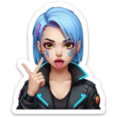 Woman with her tongue out in cyberpunk clothing and giving the middle finger. Looking naughty. sticker
