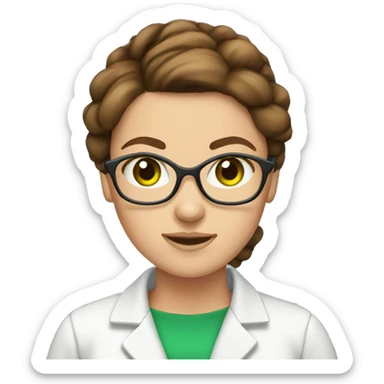 Female scientist with brown hair in a bun and green eyes NO glasses sticker