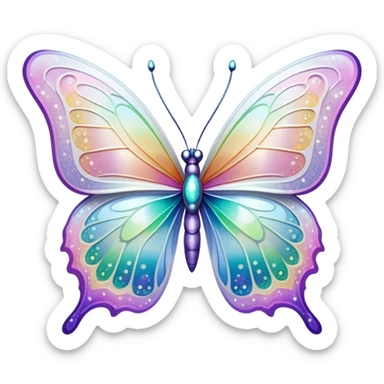 Pastel sparkly white glittery iridescent rainbow transparent butterfly with detailed intricate patterns sticker