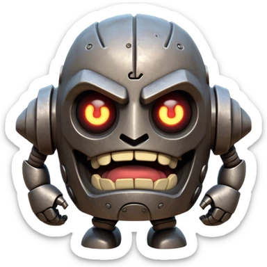 Cinematic Comical Mighty Iron Golem Portrait Emoji Head tilted dramatically with an exaggeratedly amused expression, featuring a bulky, armored form with a slightly lopsided stance, ancient runes flickering erratically, and one massive, jointed hand raised in a slow, deliberate wave. Wide, expressive glowing eyes give it an almost humorous, puzzled look, as if it’s contemplating something far beyond mortal understanding. Rendered with detailed metallic textures and deep, dynamic lighting, high shine, dramatic yet whimsical, styled with a hint of unexpected charm, soft glowing outline, capturing the essence of an endearing yet colossal guardian that looks ready to crack an impossibly slow, earth-shaking joke! sticker