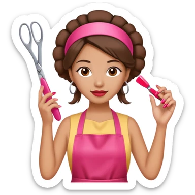 Woman with hair styled in headband, wearing red apron, holding pink nail polish in one hand and scissors in other hand, beauty salon worker sticker