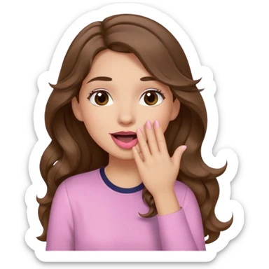 girl with wavy long brown hair, brown eyes, light to medium complexion, long lashes, light pink lipstick, wearing light pink shirt, sexy, gigling hand covering mouth sticker