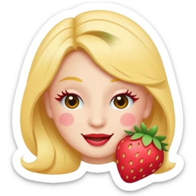 Emoji coquette, winking face with tiny strawberry sticker on cheek, fluttering eyelashes, pastel peach background, minimal vector, 512x512, transparent background
 sticker