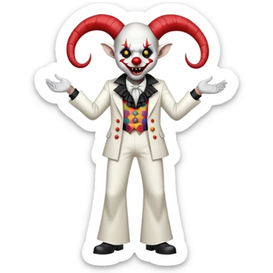 full-body demonic clown in a white leisure suit with bellbottom pants, bald, with black ram horns, flashy belt, ruffled shirt, no neck tie, large fangs in mouth sticker