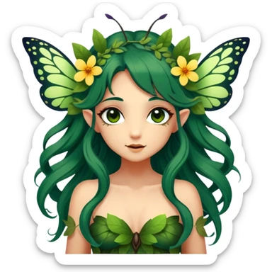 Cinematic Realistic Forest Nymph Fairy Portrait, head tilted playfully and inquisitively, showcasing a nature-inspired form with intricately detailed, sunlit tanned skin and cascading dark green hair interlaced with leaves and blossoms showing her large butterfly wings from her back. Her bright, curious eyes sparkle with forest mischief, rendered with lifelike clarity and warm, dappled lighting that captures the spirit of an enchanting woodland fairy ready to dance among the trees. sticker
