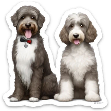 Brown and white tuxedo poodle beside a all grey aussiedoodle sticker
