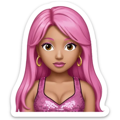 Nicki Minaj with long pink hair, pink sequin crop top, dark brown eye sticker