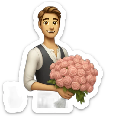 A man in evening dress, with a huge bouquet of flowers in his hands, and in the background a  heart sticker
