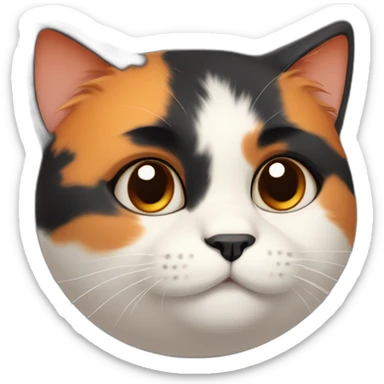 cute calico cat face with a round face and chubby cheeks, black fur on left side and orange fur on right side sticker
