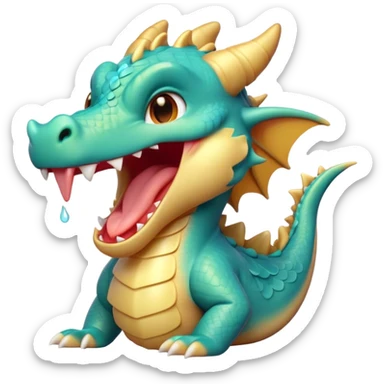 Cinematic Cute Yawning Dragon Portrait Emoji, Head tilted slightly with a dramatic, wide-open yawn, showcasing a soft, lustrous scaled body with gently drooping fins and half-closed, drowsy eyes, Simplified yet irresistibly adorable features, highly detailed, glowing with a soft, cozy mythical glow, high shine, relaxed yet expressive, stylized with a dash of fantastical charm, soft glowing outline, capturing the essence of a sleepy yet affectionate dragon that seems ready to stretch out and rest in its enchanted lair! sticker