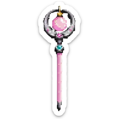Sailor Moon's Crescent Moon Stick, a pink wand with a gold crescent moon on top and a circular silver gem in the center sticker