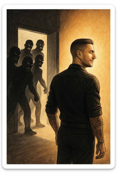 a man stands confidently in a sunlit room, facing away from a group of dark, shadowy figures with harsh or angry expressions who are walking out the door. The man’s posture is upright and relaxed, his face calm and relieved. Warm light fills the space, symbolizing his newfound peace and positivity. sticker