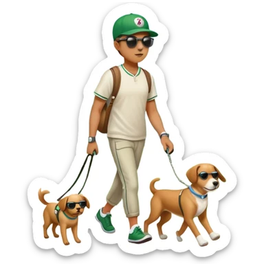 a dog on a leash with a person in a green park setting sticker