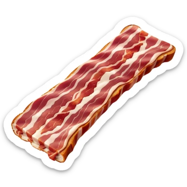 single strip of uncooked bacon, pinkish-red meat with creamy white fat marbling, soft and flexible, gentle curves, irregular edges, fresh and slightly glossy, soft lighting, subtle shadows, no plate or packaging, no faces, transparent background, emoji scale sticker