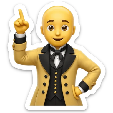3d yellow emoji character passionately pointing while wearing victorian coat and cravat, dramatic confident face, early 2000s cgi emoji style, white background sticker