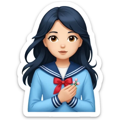  A white girl with a Black long hair, and a baby blue sailor suit, enjoying the spring breeze，Wearing cherry blossoms on your hair sticker