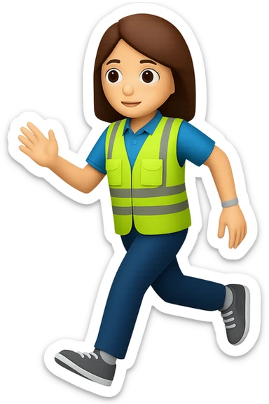 Edit the images to depict a full-body white female person walking, with shoulder-length brown hair, wearing a high-visibility vest, no hard hat, and trainers. The style should resemble apple style emojis with no background (transparent). sticker