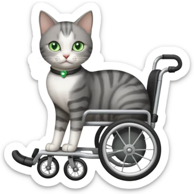 full body small short hair dark grey and white cat with green eyes walking in a wheelchair for cats sticker