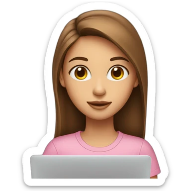 Girl with long brown hair brown eyes white skin pink shirt sitting and looking eye up in front of Apple laptop sticker