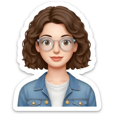 Anne Hathaway with wire-rimmed thin circle glasses and slightly curly hair, wearing a scoop neck white dress and a denim jacket  sticker