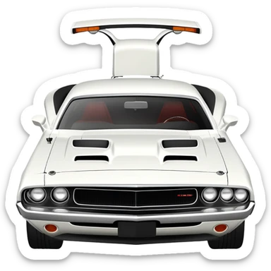 Solid white 1971 Dodge Challenger viewed from 30-degree angle, showcasing front grille and side profile, completely white paint job, Death Proof movie car, iOS emoji style sticker