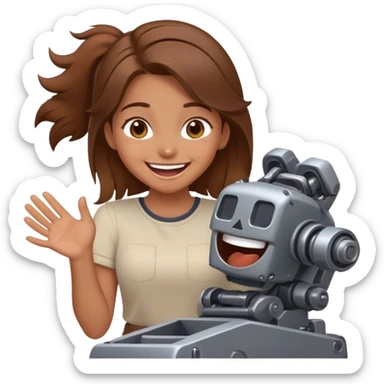 Girl who’s two hand are on here mech and she is laughing  sticker