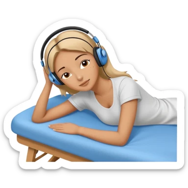 A stylized young woman lying on a massage table, relaxed, wearing headphones, small musical notes around the head. Flat vector style, thick black outline, simple palette (warm beige-brown tones + accent blue), clean background, high legibility at small size. 72x72, square, vector. sticker