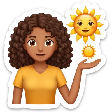 Brown woman with dark brown long curly hair saying good morning with the sun and yellow shirt  sticker