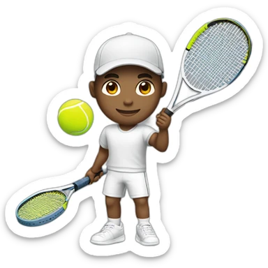 Tennisplayer male, gray hear, white cap with tennis raquet and tennis ball sticker