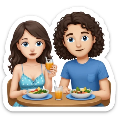 white girl, dark brown long slightly curly hair , skinni but with big breast , septum piercing on nose, beautiful dark gray-blue eyes, having luch with her bf  sticker