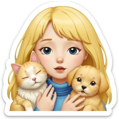 The girl with yellow bangs covered her throat with her hands and closed her eyes. She was surrounded by a golden retriever, two cream-colored cats, and a long-haired blue and white cat. sticker