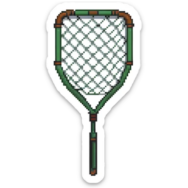 A bug-catching net with a green handle and white mesh net sticker