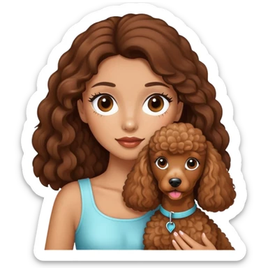 girl with long brown hair and long lashes, holding a brown poodle sticker