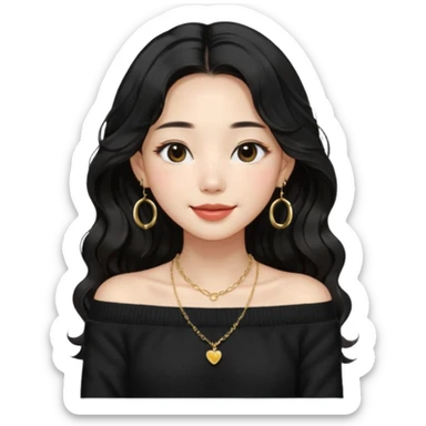 A South Korean girl with long, dark black wavy hair with middle part and layers. She is wearing a black off the shoulder long sleeve knit sweater, small gold hoop earrings and thin gold necklace. She is sweet and smiling with lips together sticker