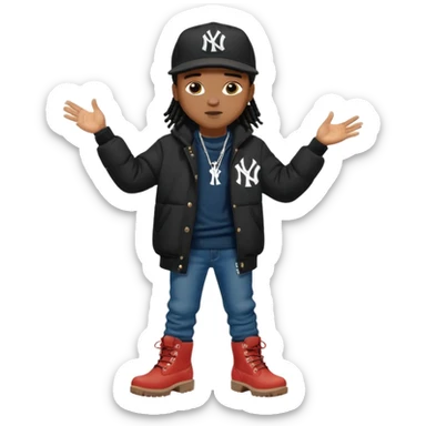 African American boy with short black dreadlocks wearing a black New York Yankees logo baseball cap wearing a black bubble winter coat wearing denim skinny jeans and timberland boots with hands pointing out sticker