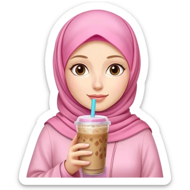White girl wearing flower pink hijab with iced coffee sticker