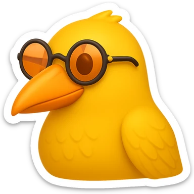 Make the bird emoji more emoji-like, keeping the detailed, slightly cartoonish style and subtle emoji shine. Define the feathers just a bit more than before, but keep it clean and not too realistic. Keep the orange beak and round sunglasses. Bird looking to the right. No background. sticker