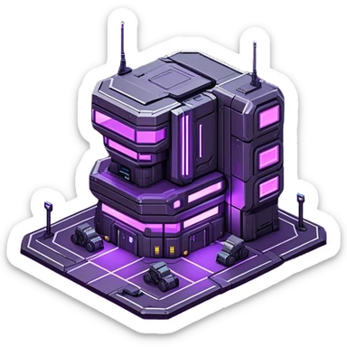 StarCraft-inspired, isometric RTS building with a rugged Terran look: thick metal plating, cyberpunk, neon, purple, rivets, subtle wear, and a gunmetal palette plus one accent color. Add minimal glowing panels for a high-tech feel. Keep it compact—like a forward outpost—and show it from a clean isometric angle, emphasizing an industrial sci-fi style and clear silhouette. sticker