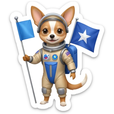 a chihuahua in space suit, holding blue rectangle flag, full body, front view sticker