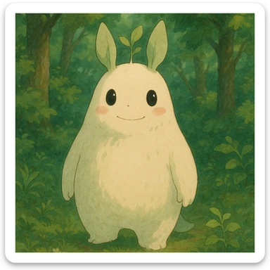 a whimsical forest spirit with soft colors and a gentle expression in Ghibli style sticker