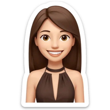 emoji-style illustration of a stylish pretty big smile woman with long straight brown hair, wearing a dark halter neck dress, elegant and minimalistic look, front-facing, soft 3D cartoon rendering, plain background sticker