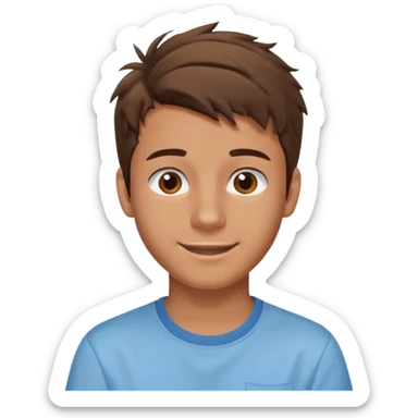 create an emoji of a teenage man, very very slightly tanned face, smile. he has an cool look, very messy brown hair, dark brown eyes, natural lips. he wears a short sleeve light blue shirt sticker