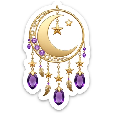 Epic beautiful gorgeous cute gold suncatcher, threads with shiny sparkly amethyst gemstones, flowers, crescents-moons, stars, gold-metal-Feathers  sticker