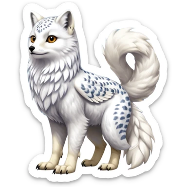 Realistic wild natural elegant pretty beautiful handsome shiny colorful furry 4-legged digitigrade beaky beaked arctic-fox-snowy-owl-snow-leopard-gryphon-griffin-albino-lion-fusion-hybrid-fursona-furry-animal-creature, full body, hyper-realism, long tufted tail sticker