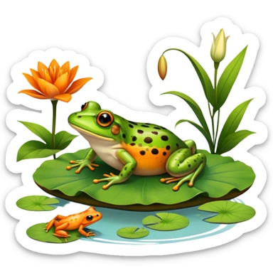 Icon for Amphibians: A colorful collage featuring a frog sitting on a lily pad, a salamander crawling on the ground, and a newt swimming in water. The background features lily flowers and a calm pond setting. Transparent background. sticker