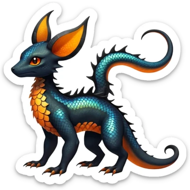 Colorful Iridescent Exotic Black and Orange Salandit-Aurorus-Umbreon-Fakémon-hybrid-creature (full body)  sticker